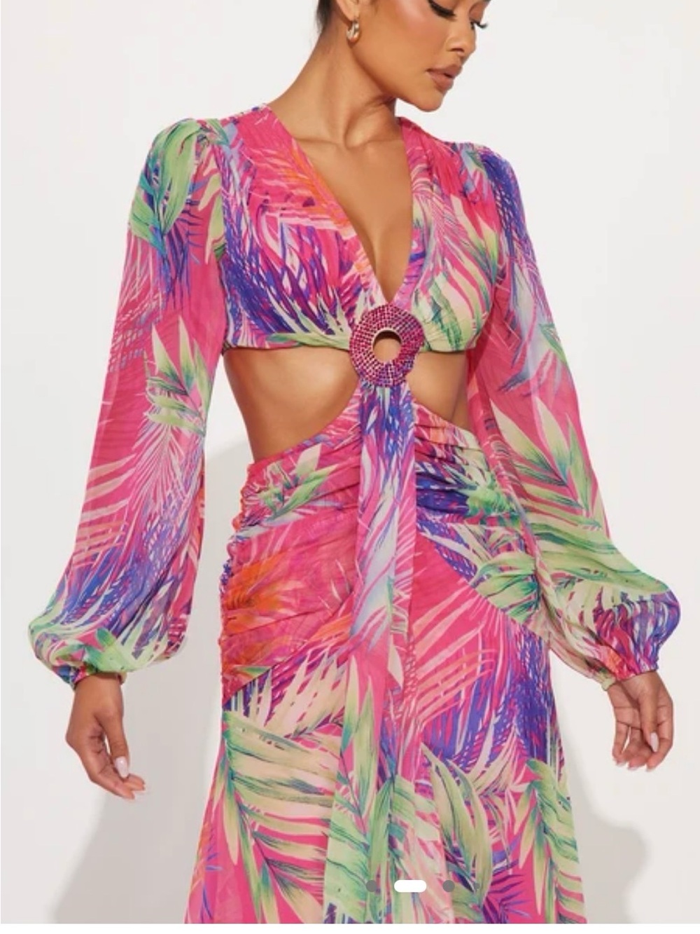 Fashion Nova Pink Tropical Cutout Maxi Dress with Ring Detail